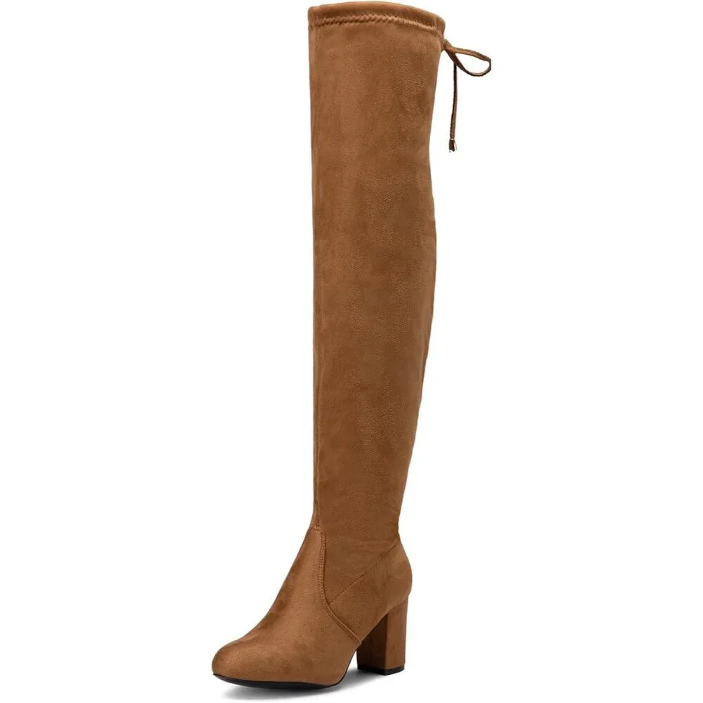 Women's Camel Suede Chunky Heels Zipper Over The Knee High Adjustable Boots